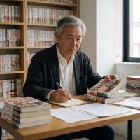 漫画屋资深漫评人在书桌前整理追更书单与题材笔记的示意画面